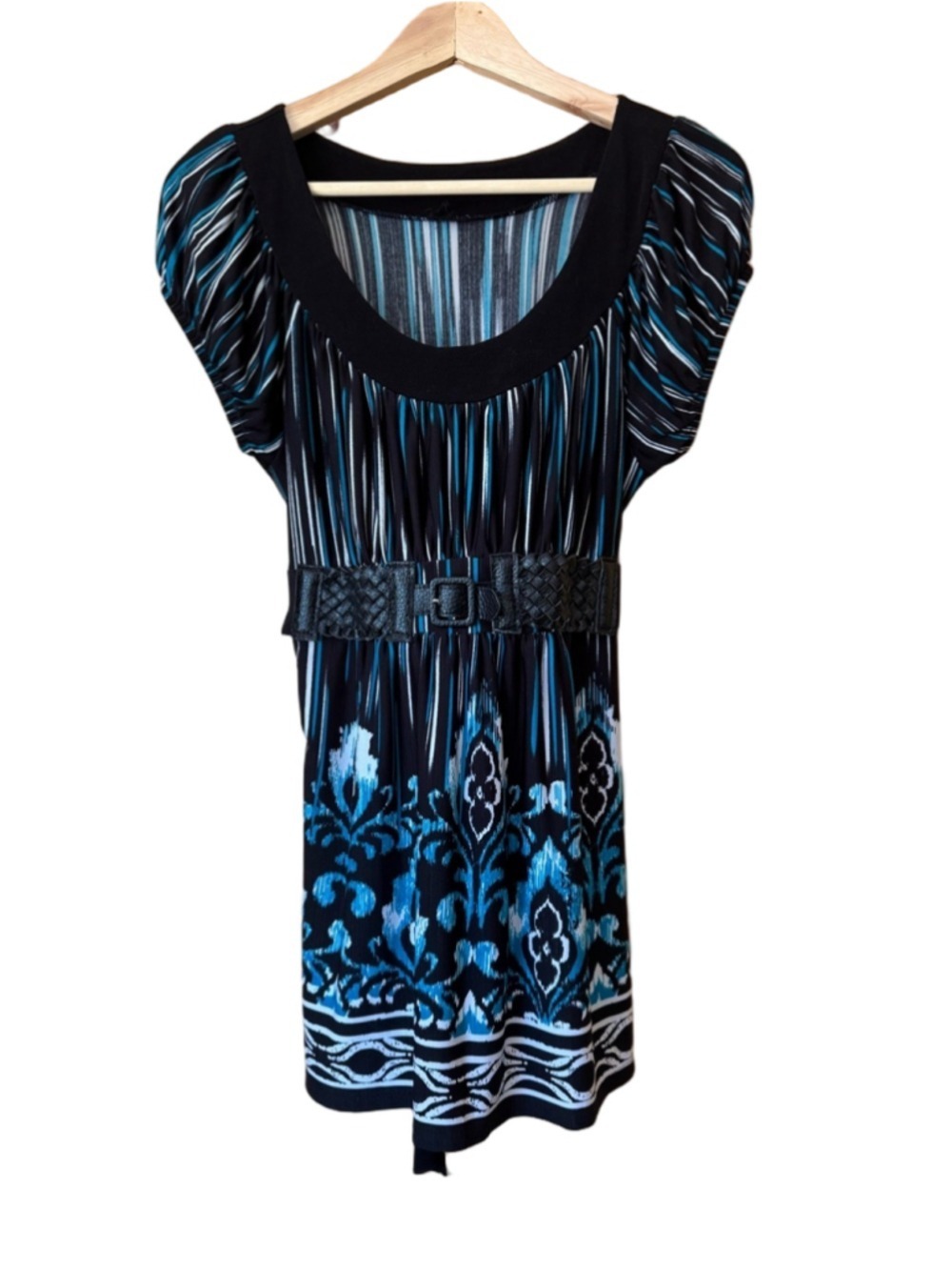Vintage Black and Teal Abstract Patterned Puff Sleeve Tunic with Woven Belt